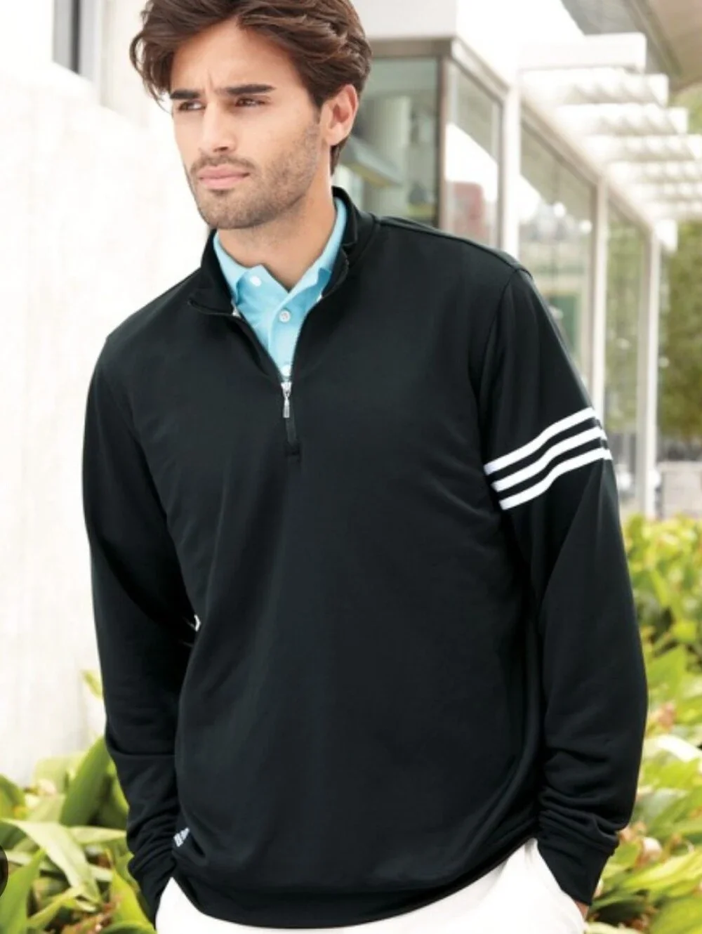 Men's Adidas Golf Climalite Black Quarter-Zip 3 Stripes Long Sleeve EUC Pullover